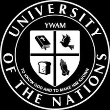 The round YWAM University of the Nations seal in white on black: a shield with a Bible, a dove, praying hands and bread, with the words To know God and to make Him known.