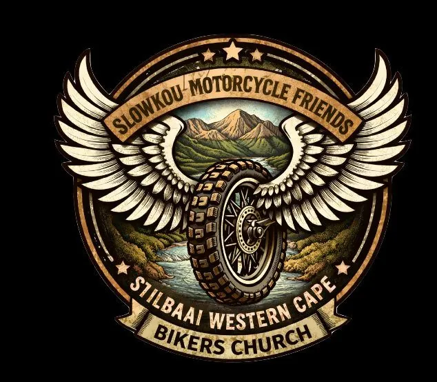 A badge with a winged tyre and mountains reading Slowkou Motorcycle Friends, Stilbaai Western Cape, Bikers Church.