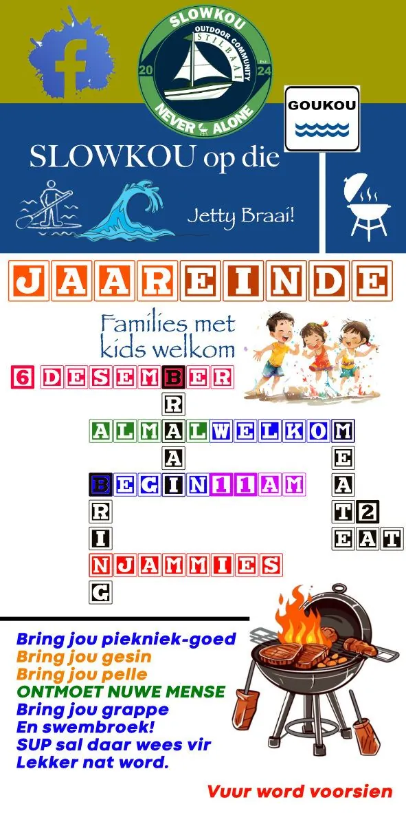 A tall poster in Afrikaans for a year-end gathering, with a braai, a list of activities and a QR code.