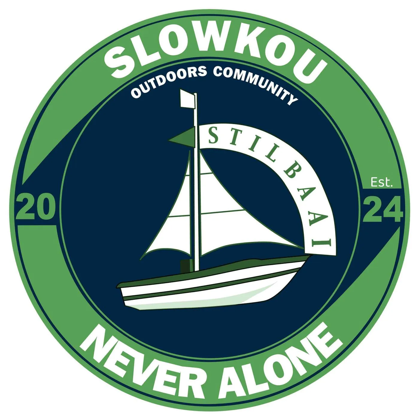 A round green badge reading Slowkou Outdoors Community, Stilbaai, Never alone, with a sailboat.