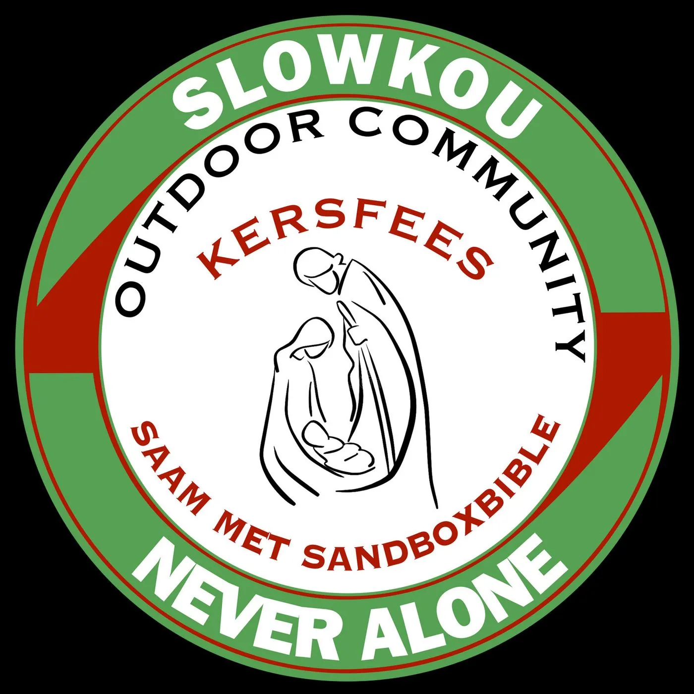 A round badge reading Slowkou Outdoor Community Kersfees, Saam met SandBoxBible, Never alone, with a nativity drawing.
