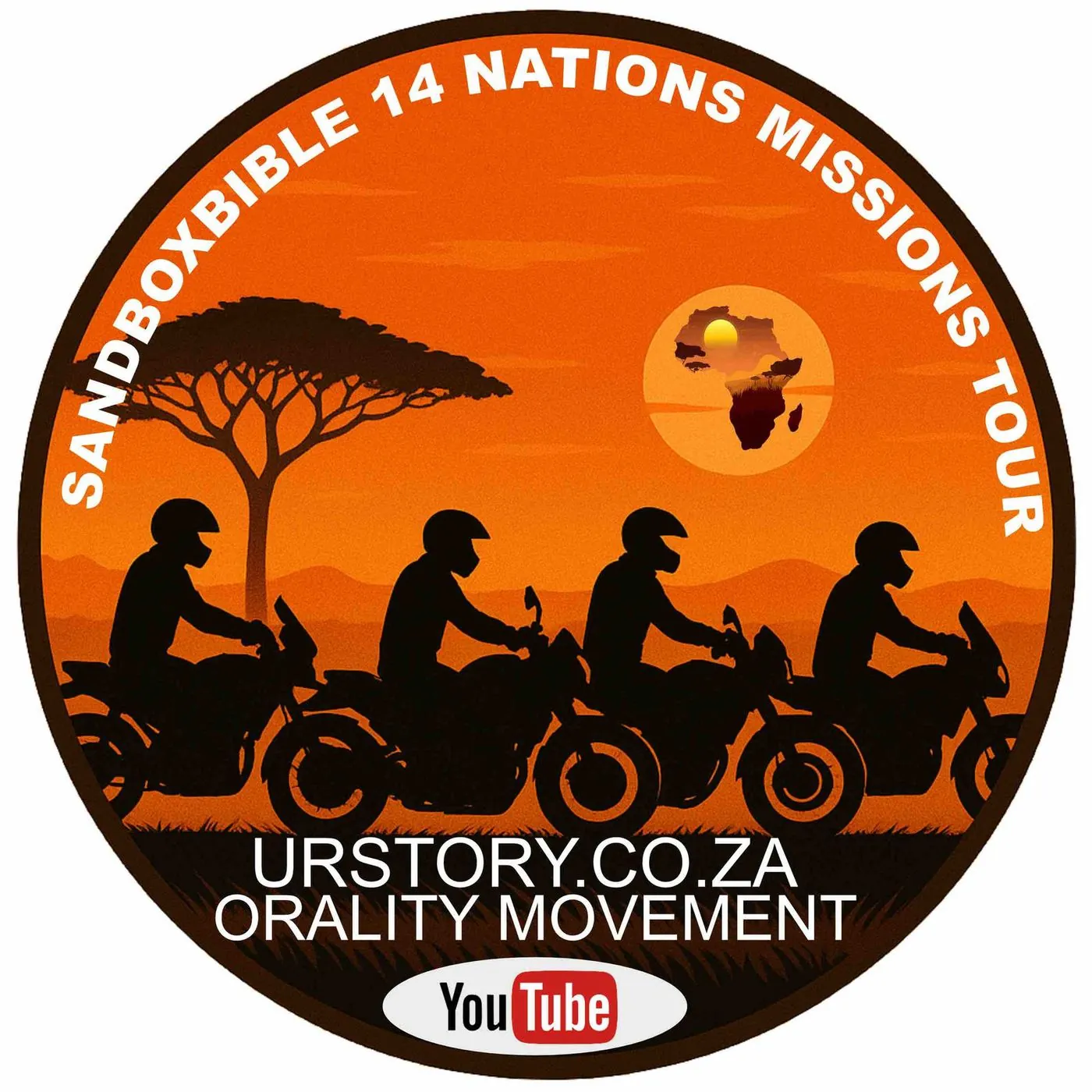 A round orange badge reading SandBoxBible 14 Nations Missions Tour, with riders on motorbikes against a sunset, and urstory.co.za Orality Movement.