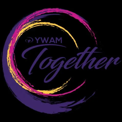 A black square with a purple and gold swirl logo reading YWAM Together.