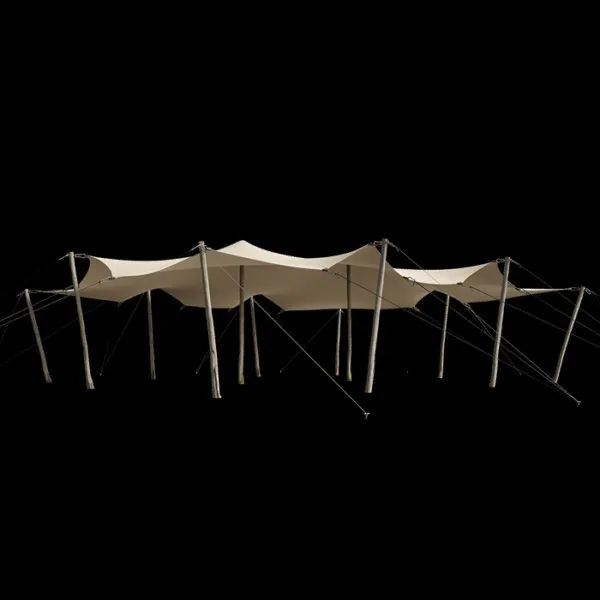 A tent canopy on tall poles against a dark background.