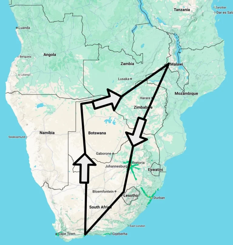 A map of southern and eastern Africa with arrows drawn along a route.