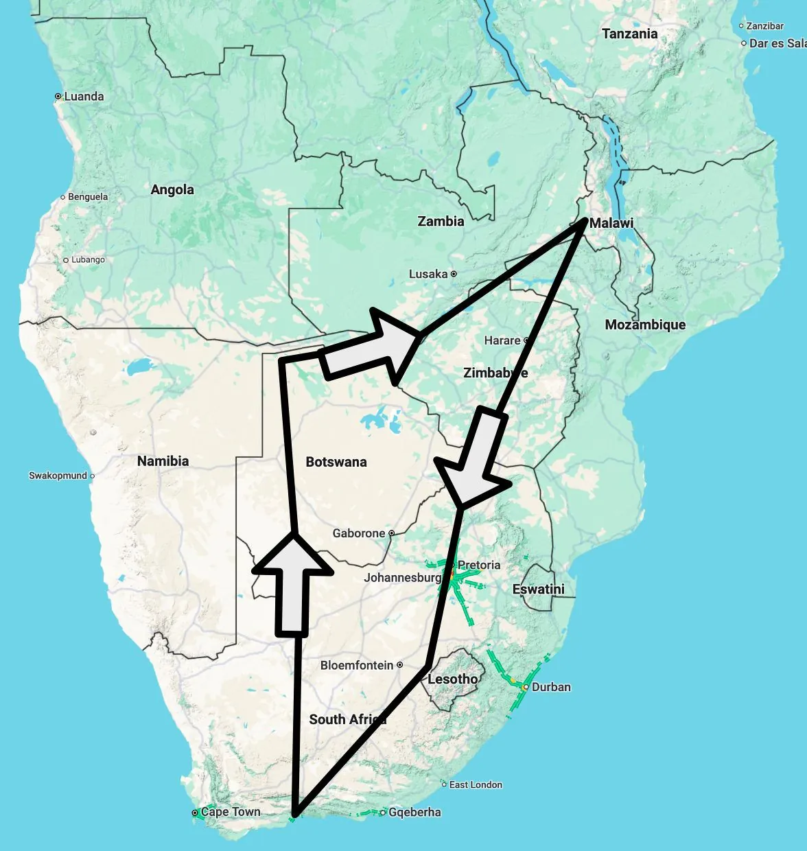 A map of southern and eastern Africa with arrows drawn along a route.