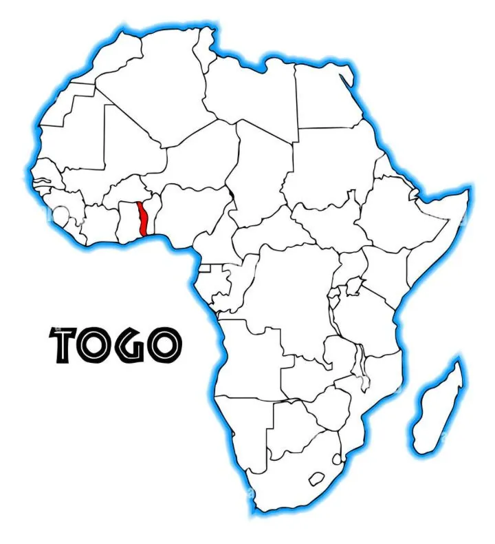 A white outline map of Africa with Togo marked in blue and the word TOGO.