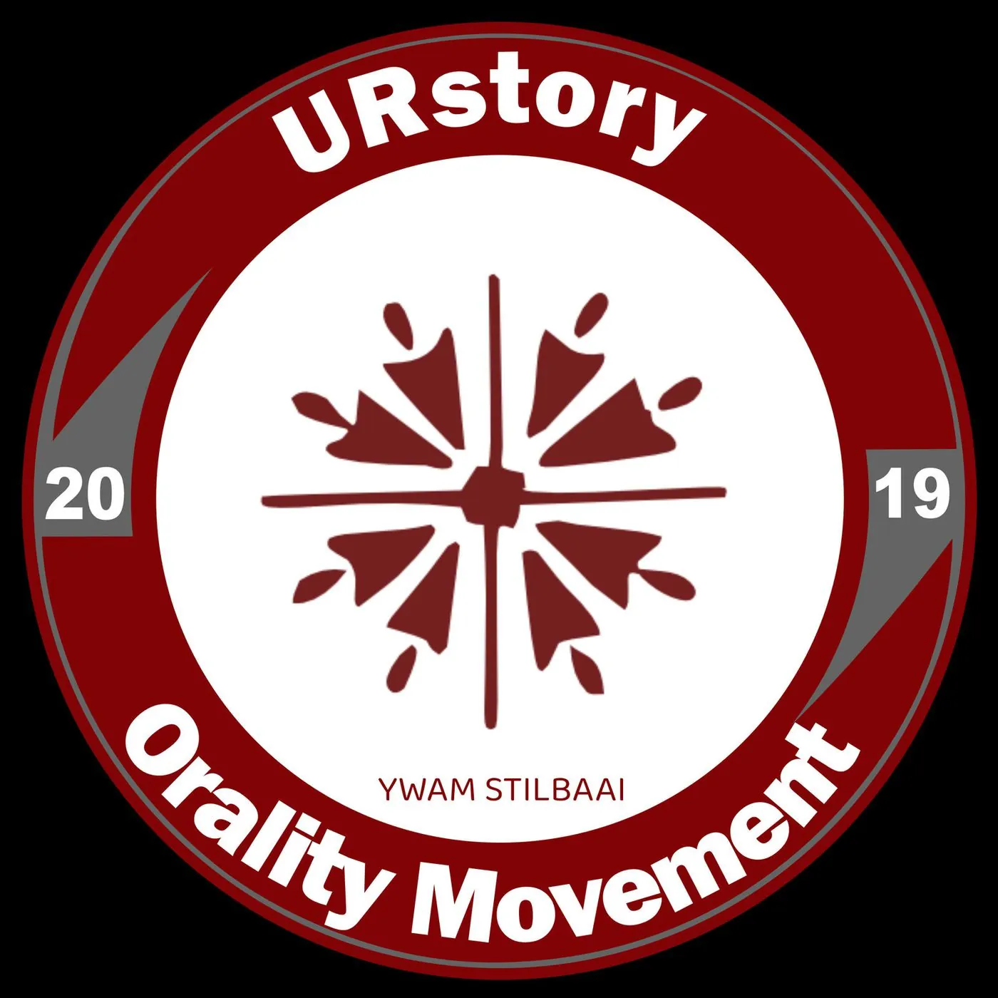 A dark red round badge reading URstory Orality Movement, YWAM Stilbaai, with a white star emblem.