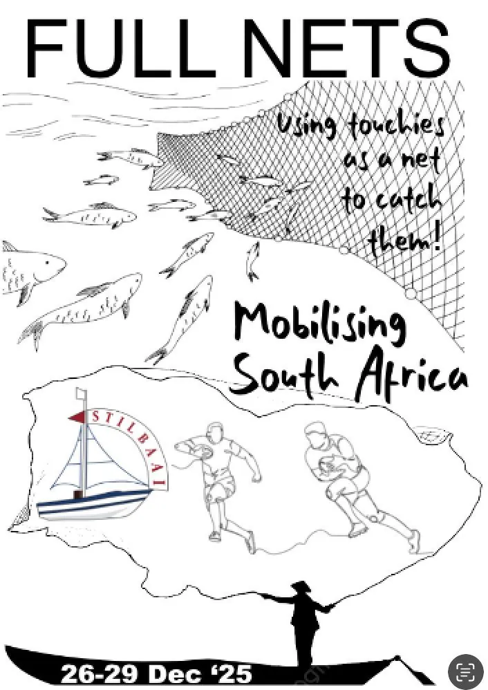 A black and white drawing with the words Full nets, using touchies as a net to catch them, mobilising South Africa, and a fisherman in a boat, with the dates 26 to 29 Dec 25.