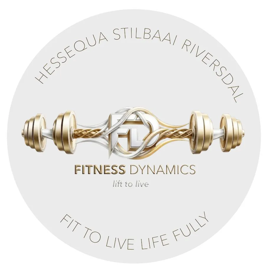 A round logo with a twisted gold barbell and the words Hessequa Stilbaai Riversdal, Fitness Dynamics, Lift to live, Fit to live life fully.
