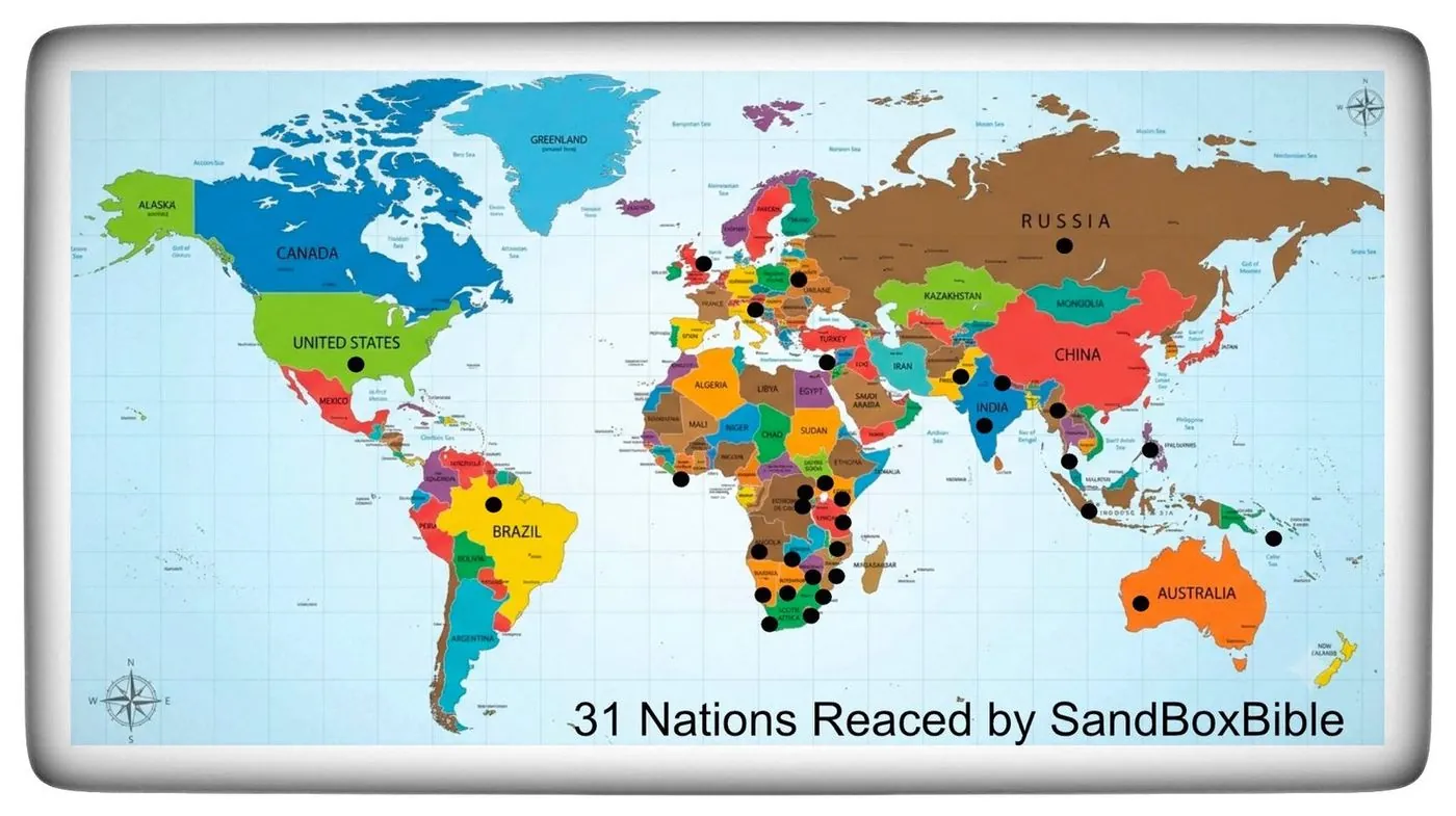 A world map with countries coloured, captioned 31 nations reached by SandBoxBible.