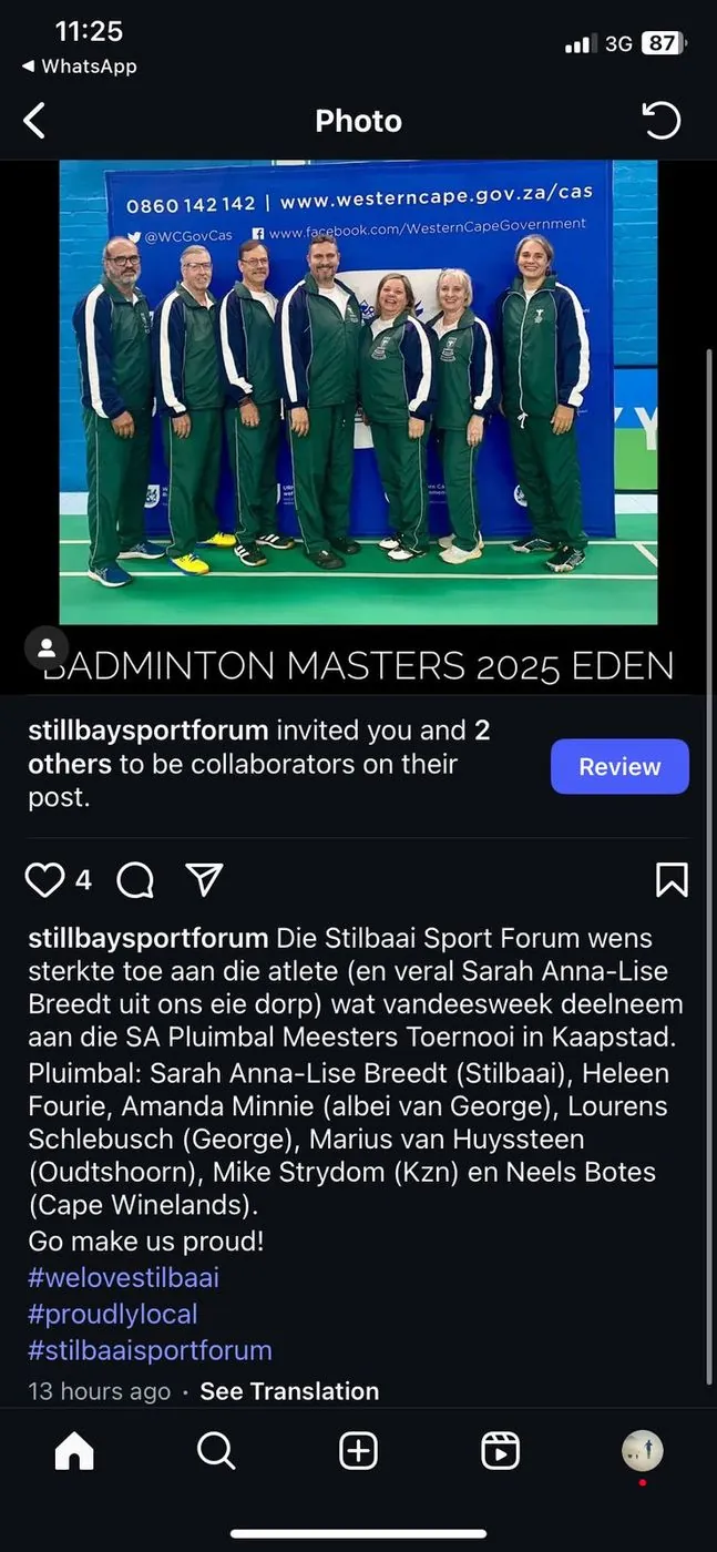 A phone screenshot of a social media post about a Badminton Masters 2026 event, with a photo of a team in green blazers.