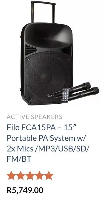 A product photo of a portable PA speaker with two microphones, priced R5,749.00.