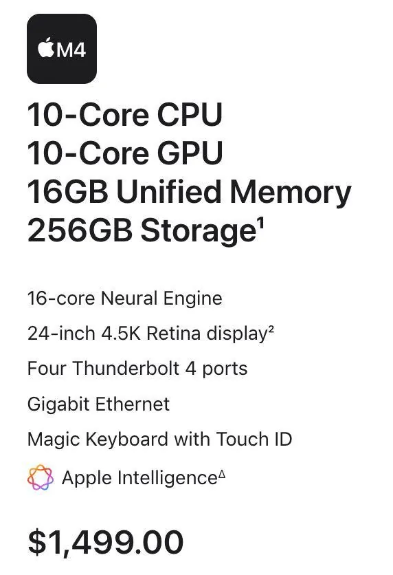 A screenshot of an Apple M4 computer specification: 10-core CPU, 10-core GPU, 16GB memory, 256GB SSD, $1,499.00.