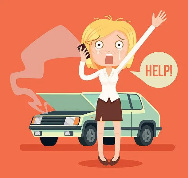 A cartoon woman waving for help beside a green car with smoke coming from it, with a speech bubble reading Help!