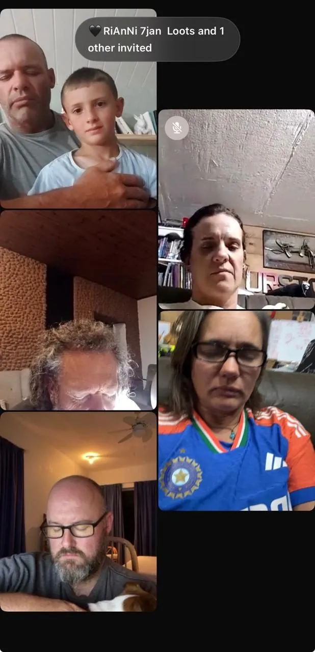A screenshot of a video call with several participants in small tiles.