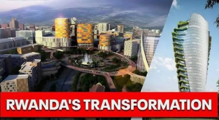 A skyline of tall modern buildings with the caption Rwanda's transformation.