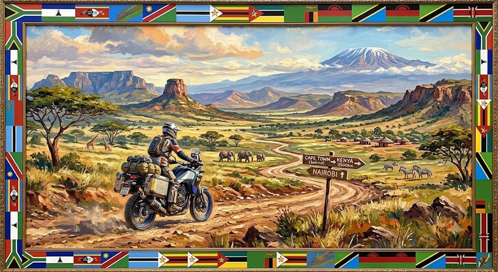 A painted landscape with a motorbike rider on a path, mountains and a snow-capped peak, in a decorative border.
