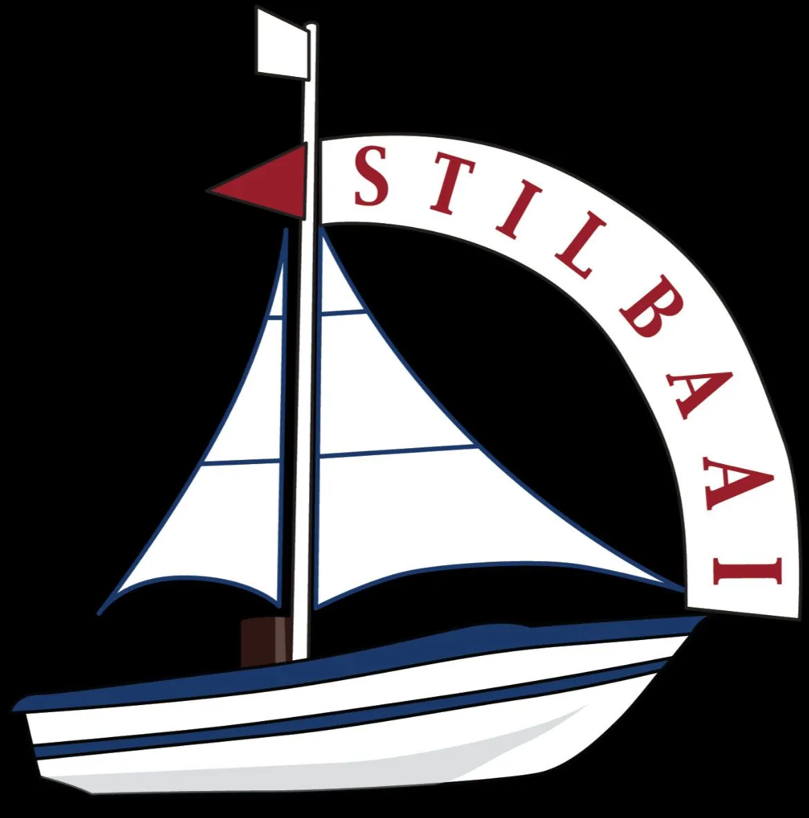 A white sailing boat with a red flag against a dark background, with the word Stilbaai in red across the sail.
