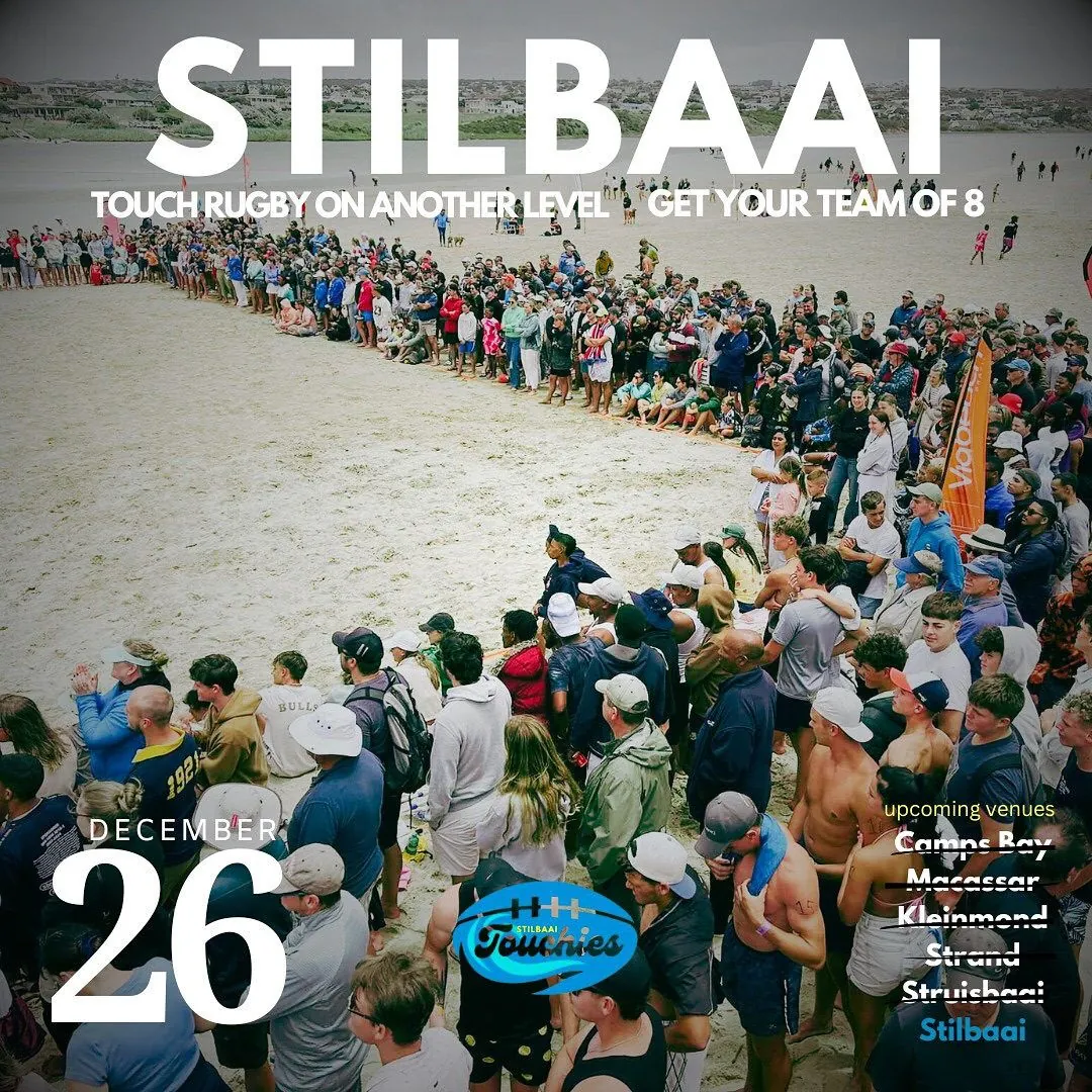 A crowd on a beach around a rugby match, with the heading Stilbaai, touch rugby on another level, get your team of 8, and the date 26 December.