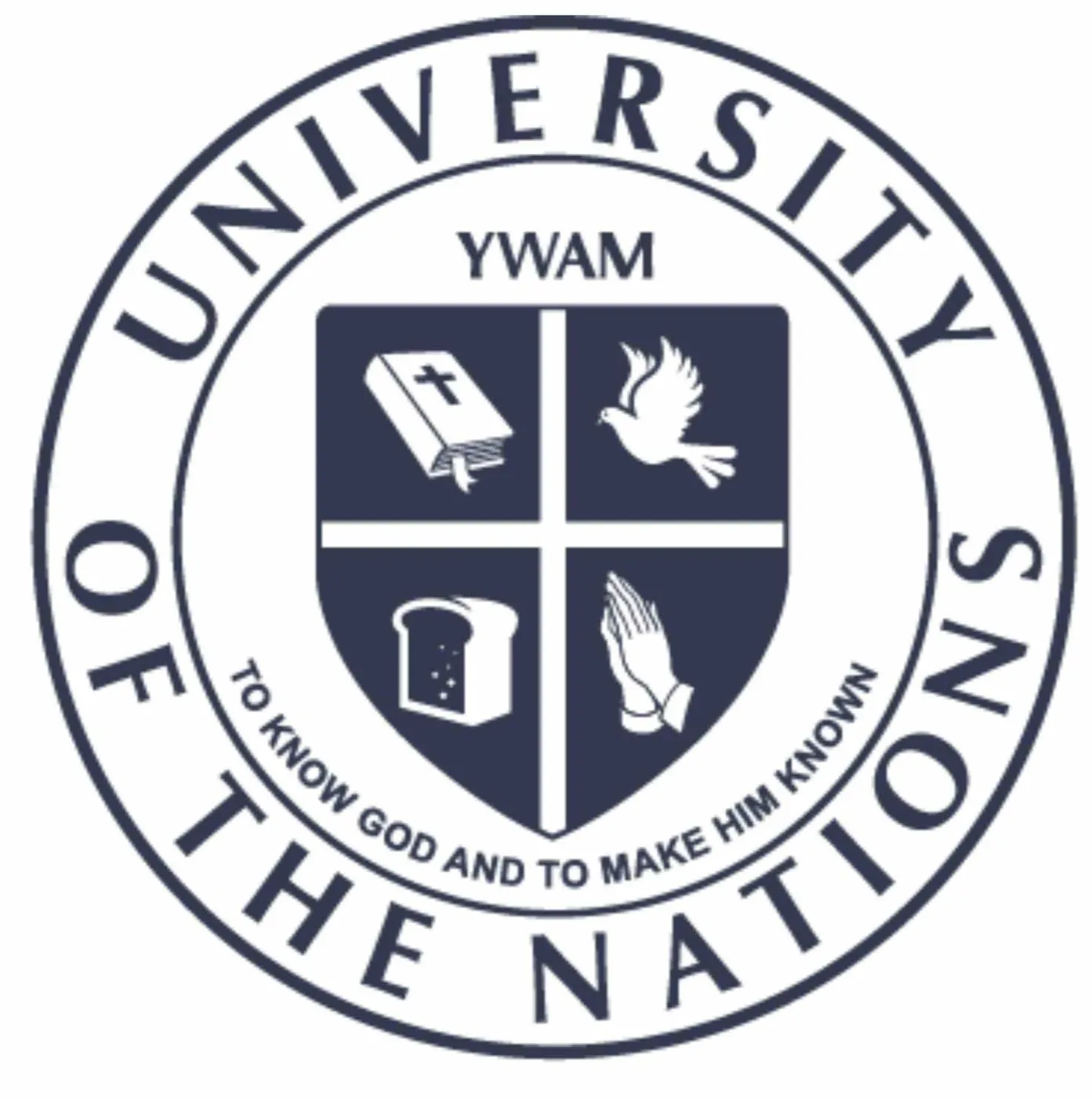 The round YWAM University of the Nations seal in navy on white.