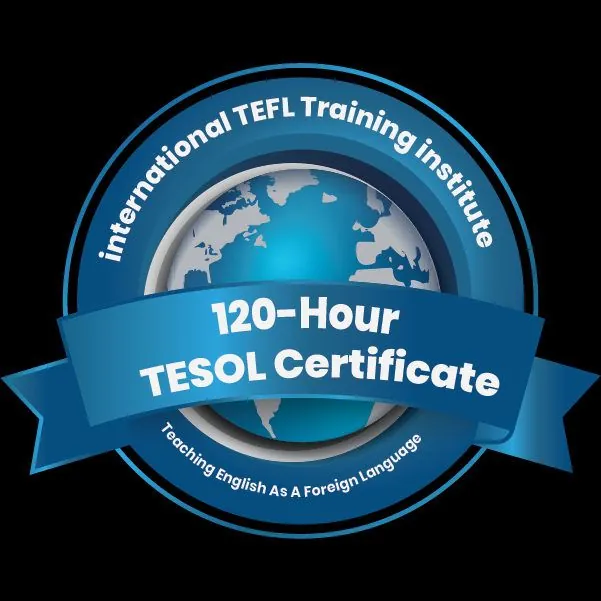 A blue badge reading International TEFL Training Institute, 120-hour TESOL certificate.