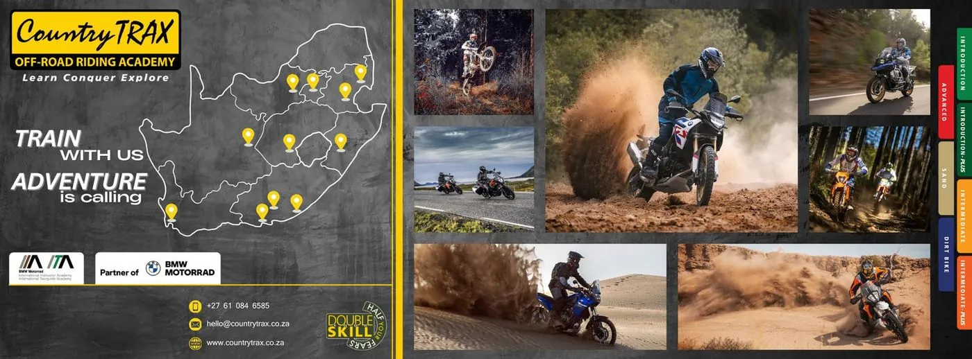 A poster collage of off-road motorbike photos and a map with yellow markers, headed Country Trax.