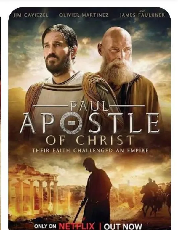 A film poster for Paul, Apostle of Christ, showing two men's faces.