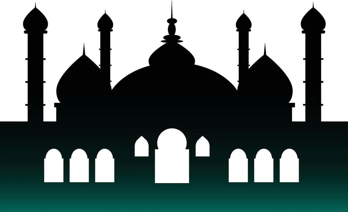 A black silhouette of a mosque with domes and minarets on white.