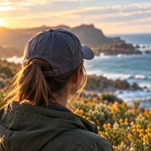 A woman seen from behind in a navy cap and an olive-green jacket, looking out at the sea and rocky coast in warm evening light.