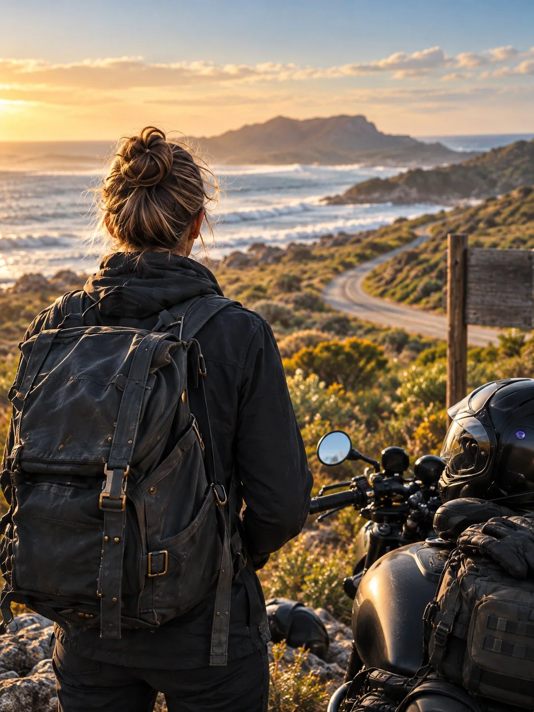 A woman with her hair in a bun, seen from behind in a dark jacket and backpack, looking over a winding coastal road and the sea at golden hour, with a motorbike and a wooden signpost beside her.