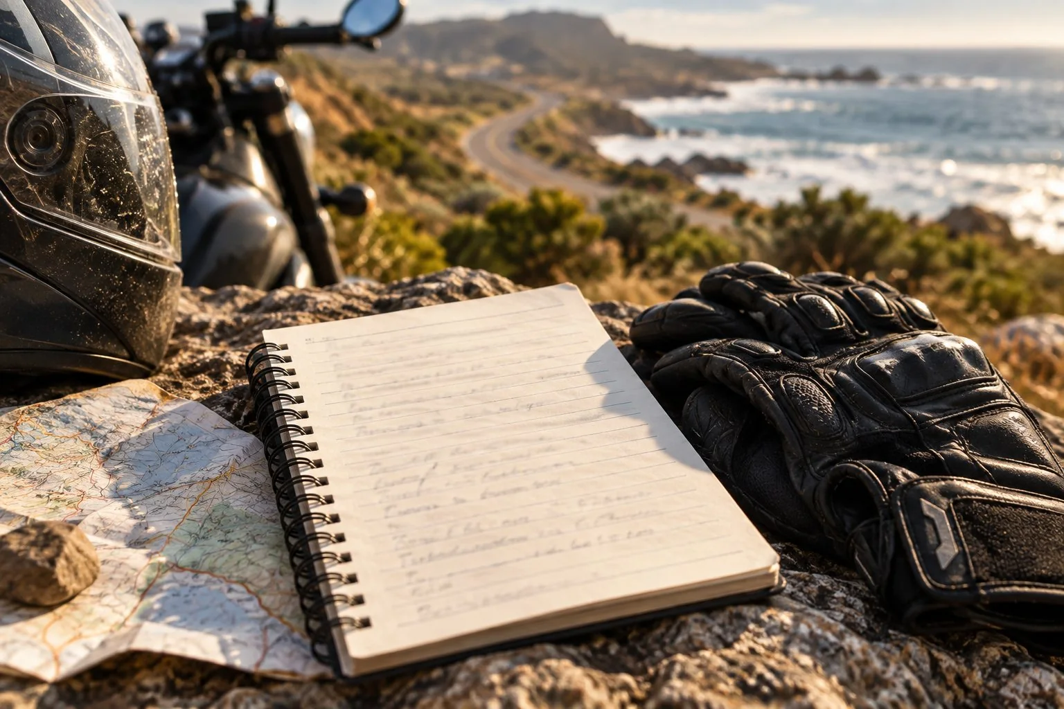 An open spiral notebook with handwritten notes on a rock beside a folded map and black motorbike gloves, with a helmet and motorbike behind.