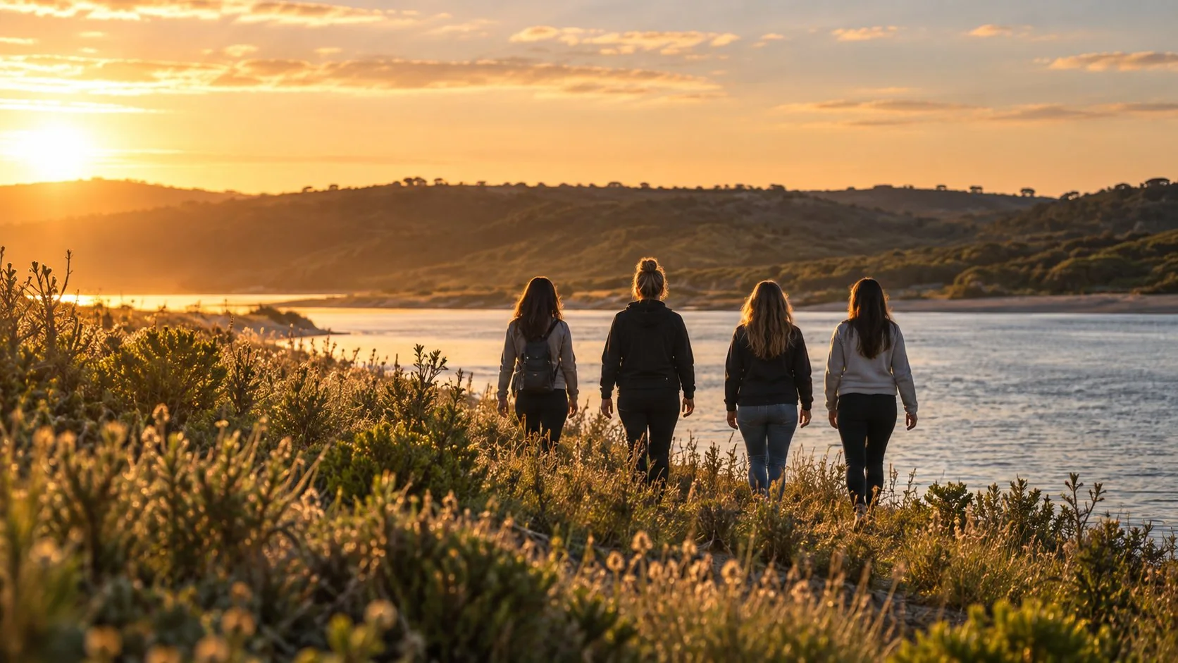 Four women walking away from the camera through tall grass towards a river at sunset, with hills on the far bank.