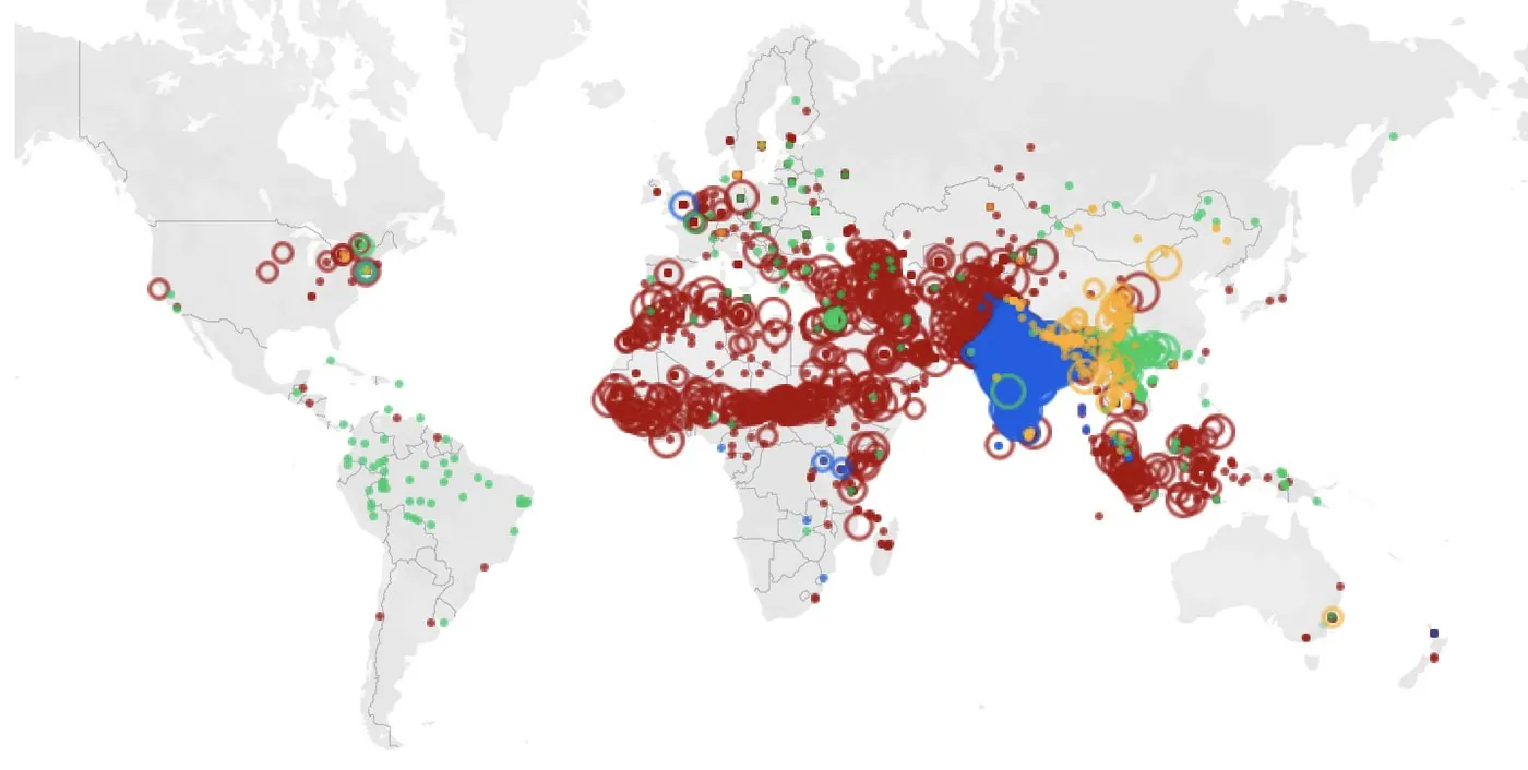 A world map with red circles clustered across North Africa, the Middle East and Asia, marking unreached people groups in the 10/40 window.