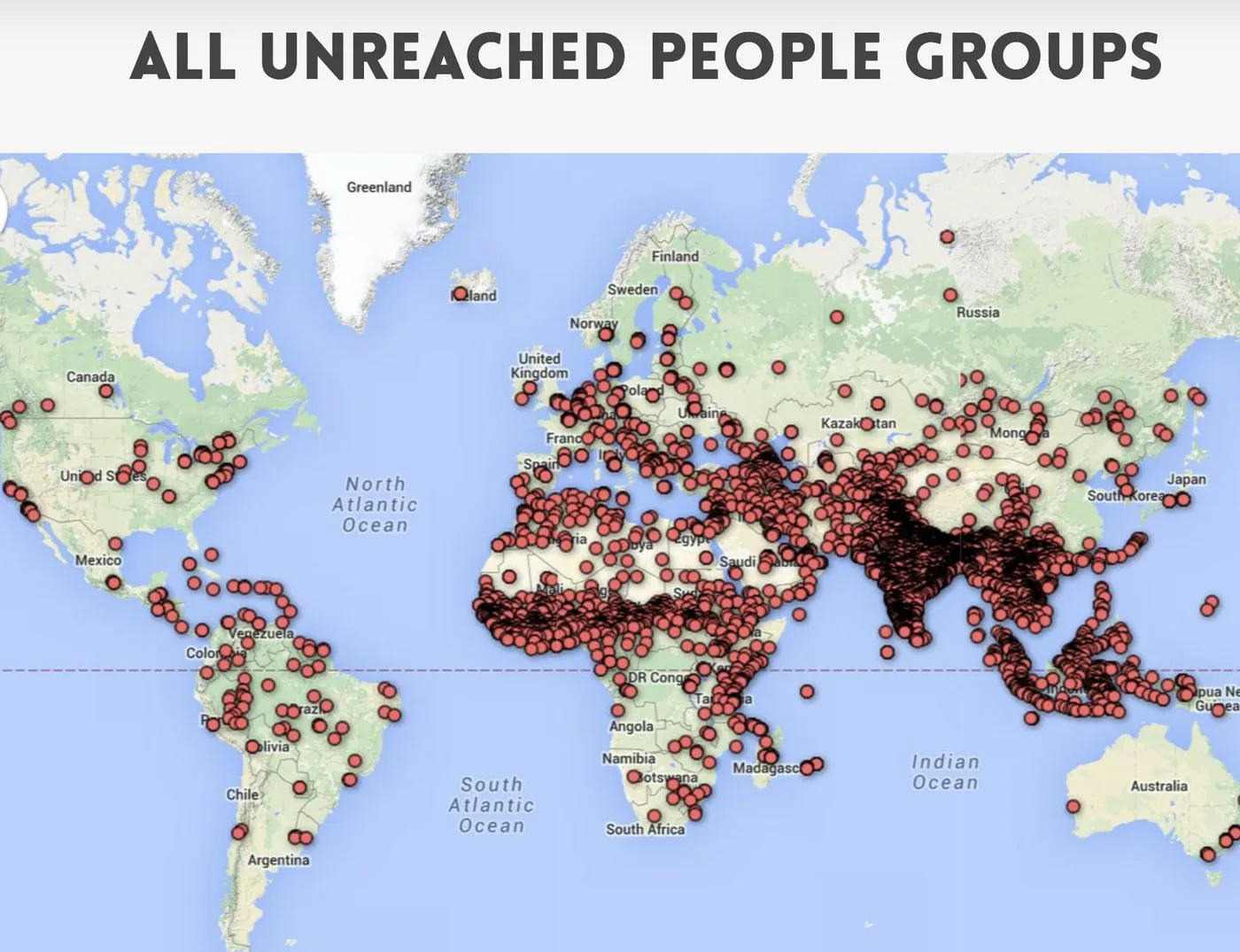 A world map titled All unreached people groups, covered in small red dots that are densest across North Africa, the Middle East and Asia.