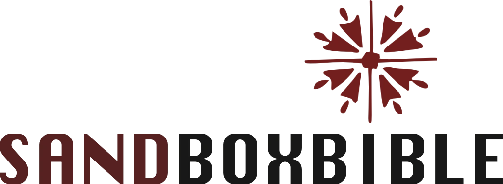 The SandBoxBible logo: a dark red eight-petalled star on a cross above the word SANDBOXBIBLE, with SAND in dark red and BOXBIBLE in black.