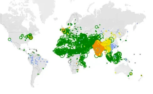 A world map covered in clusters of green, orange, yellow and blue circles, densest across North Africa, the Middle East and South Asia and sparse across the Americas.